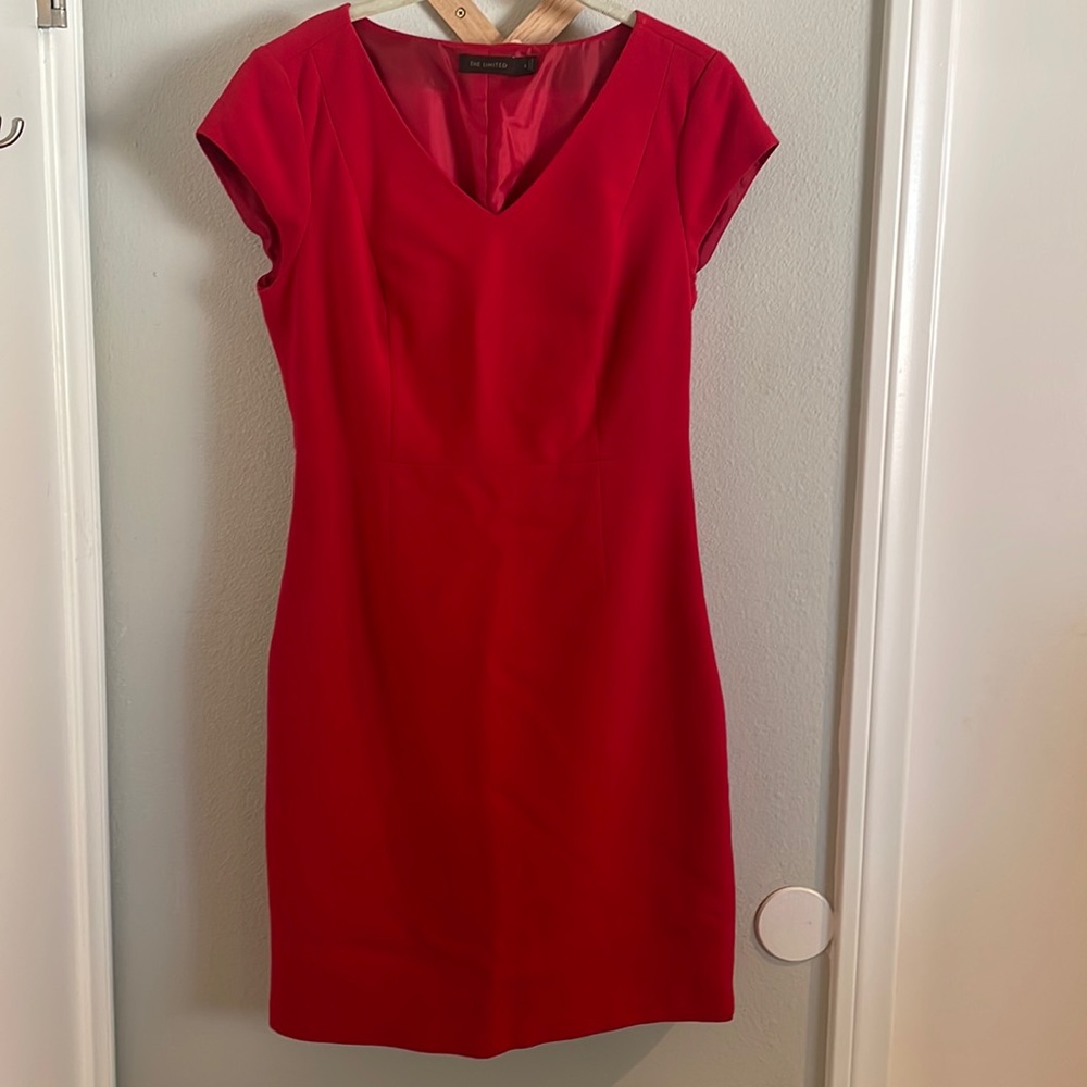 Red cap sleeve dress from The Limited.  Hits at knee with side zipper